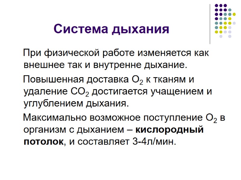 Система дыхания    При физической работе изменяется как внешнее так и внутренне